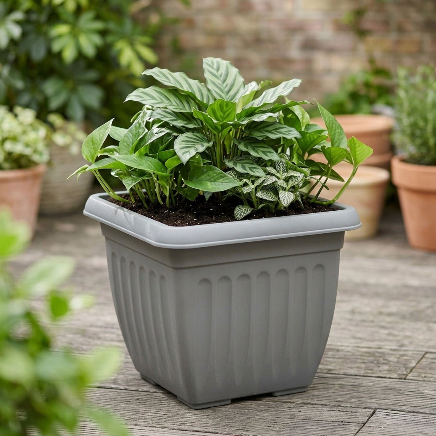 Athens Square Planter 40cm in Grey | Durable Plastic Garden Planter