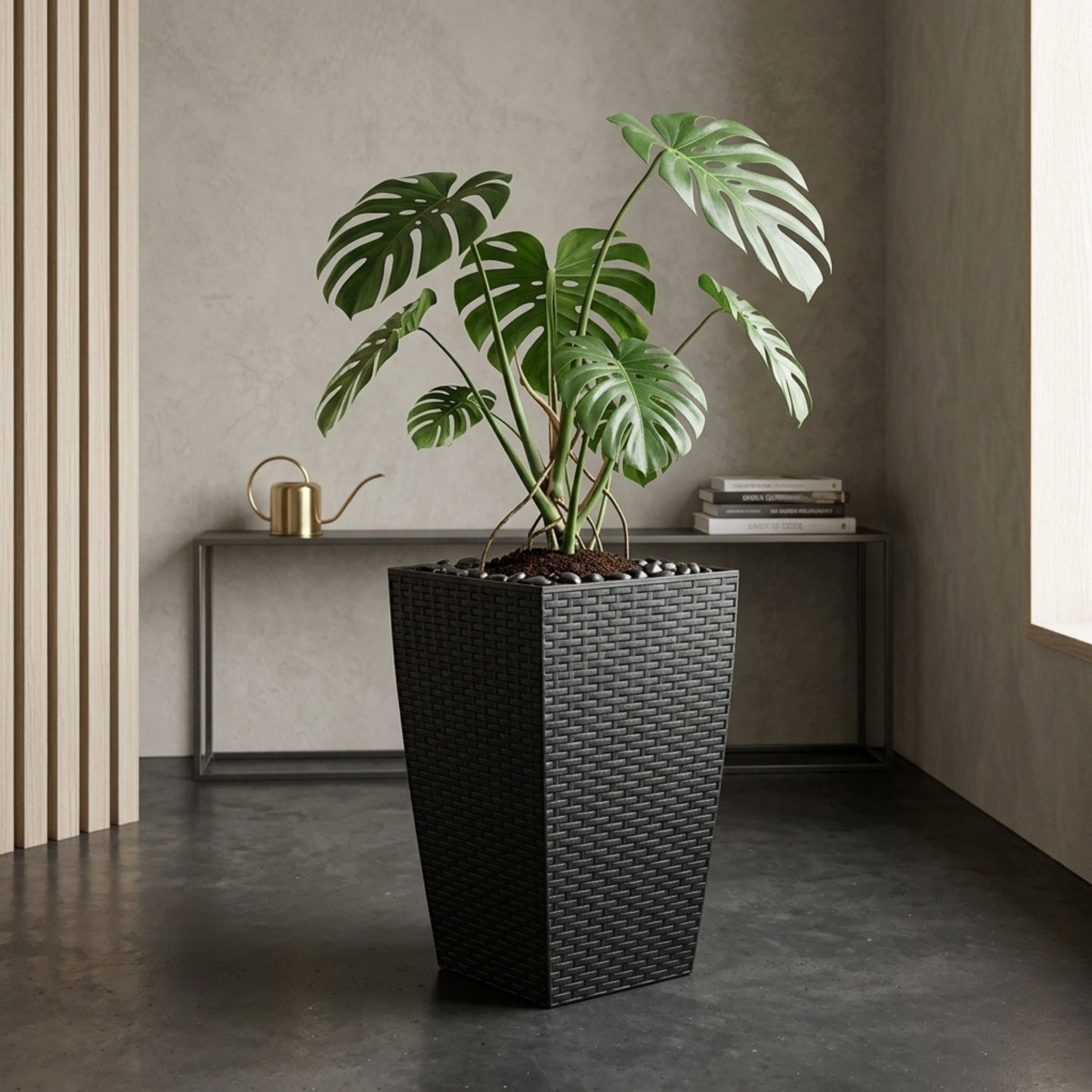 Tall Square Black Rattan Planter - 45cm Indoor/Outdoor Garden Pot