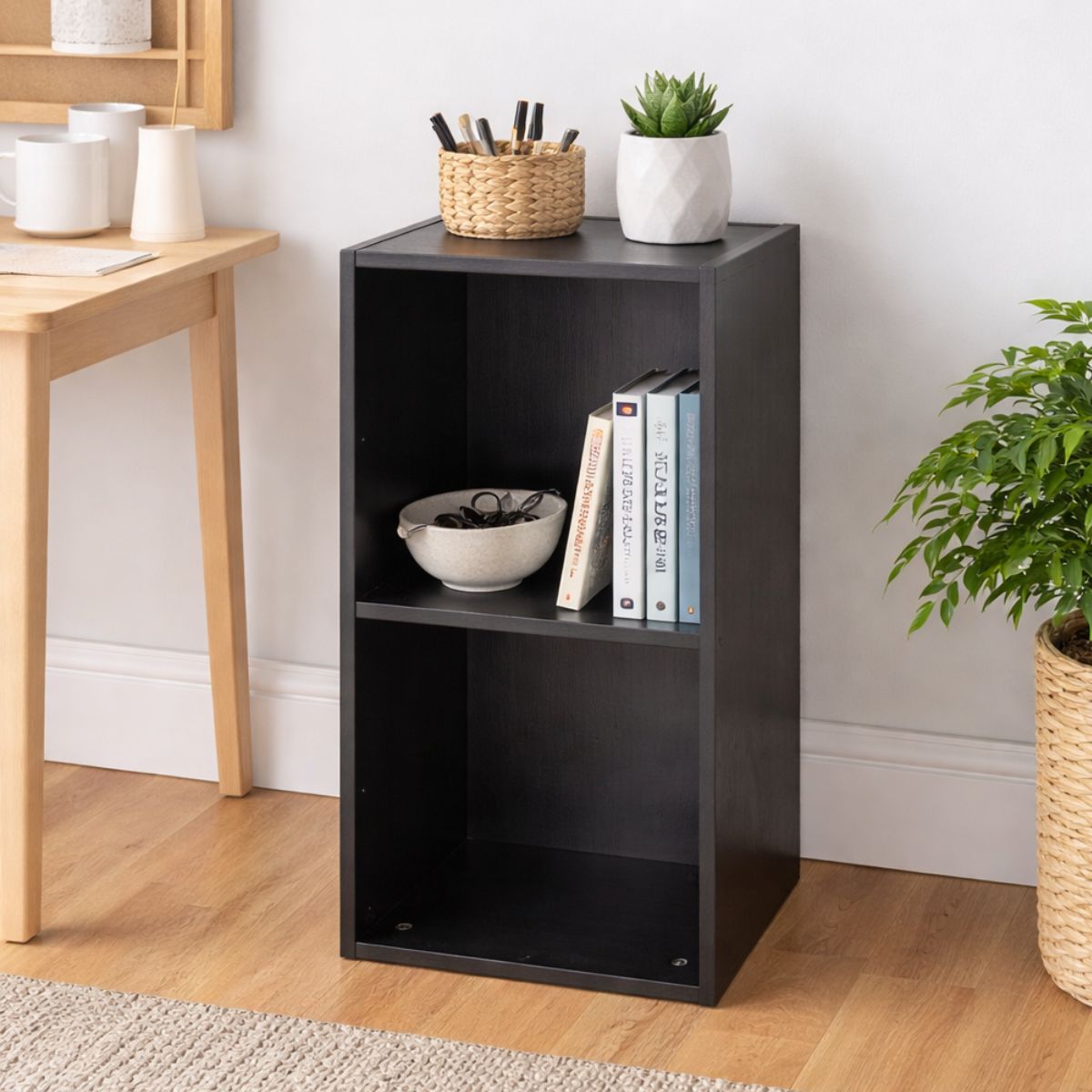 2 Tier Black Cube Storage Unit - Wooden Bookcase Shelf