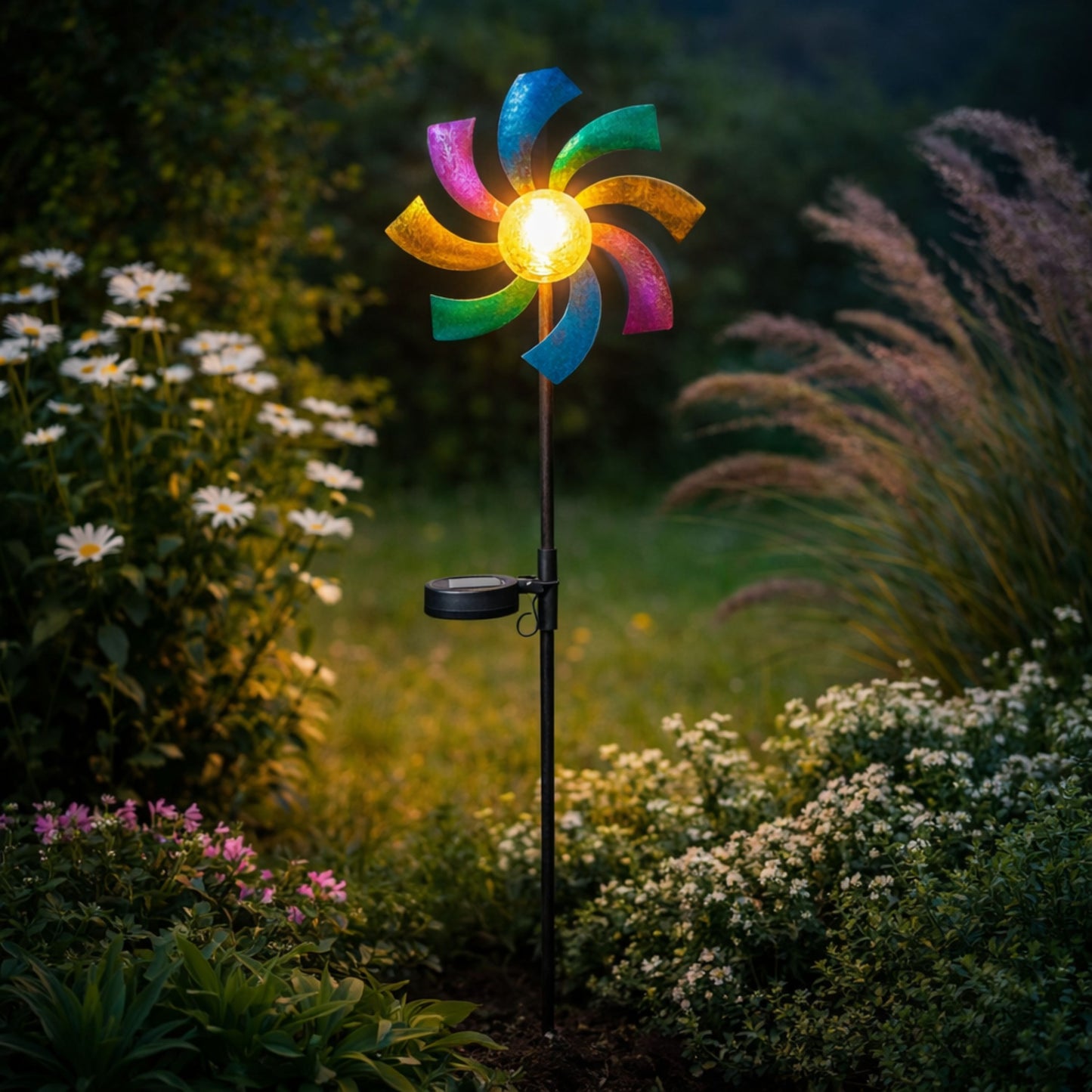 Solar Wind Spinner LED Light Display, Solar Powered Glass Ball LED Lighting Metal Garden Stake, Dual Direction Kinetic Movement for Patio Lawn and Garden Solar Wind Spinner
