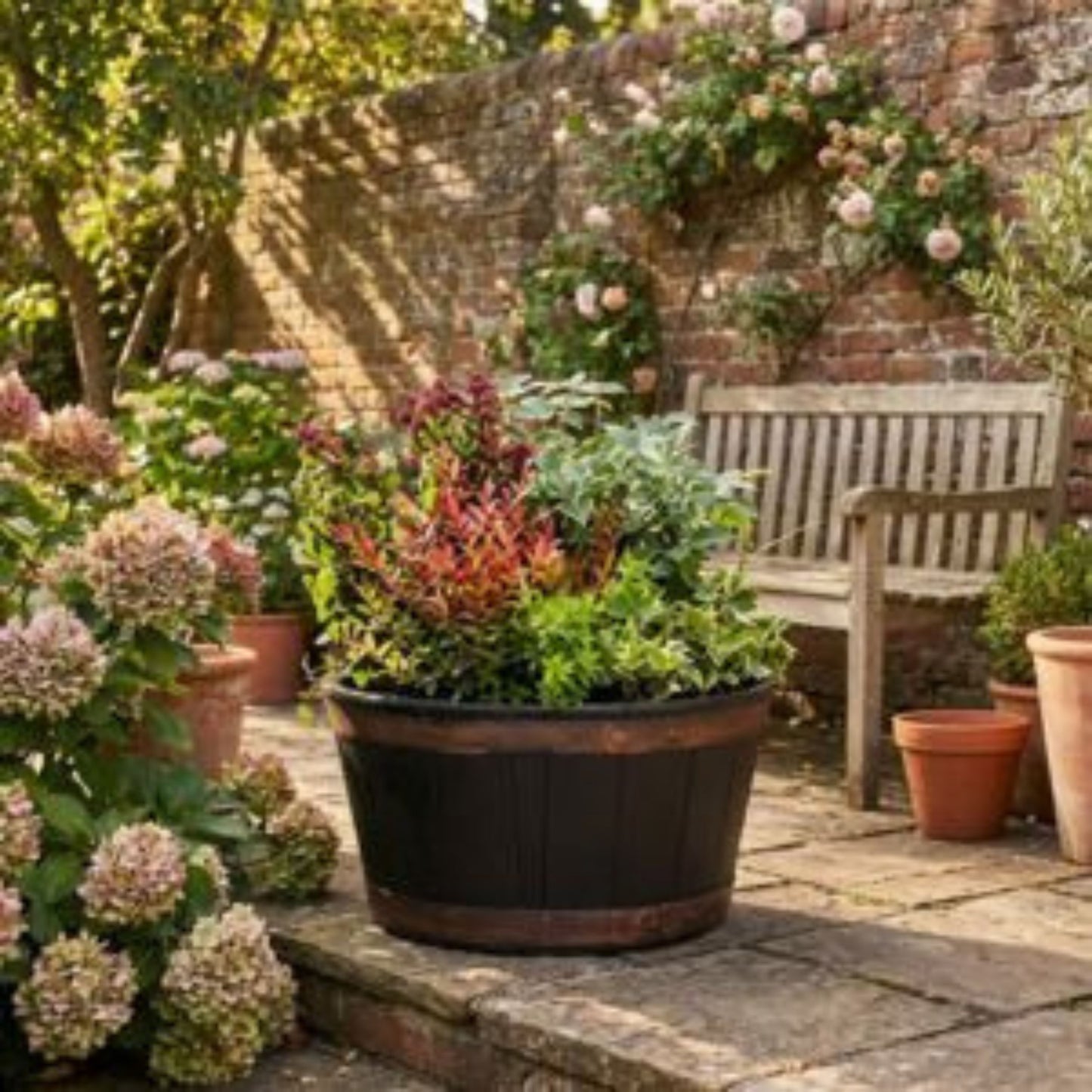 Large Oakwood Barrel Planter – Durable Outdoor & Garden Plant Pot