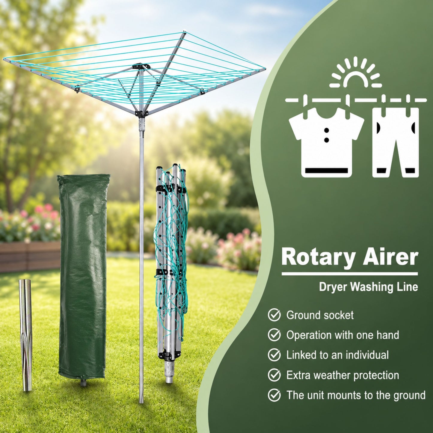 60m Heavy Duty Rotary Washing Line, Premium Outdoor Clothes Airer