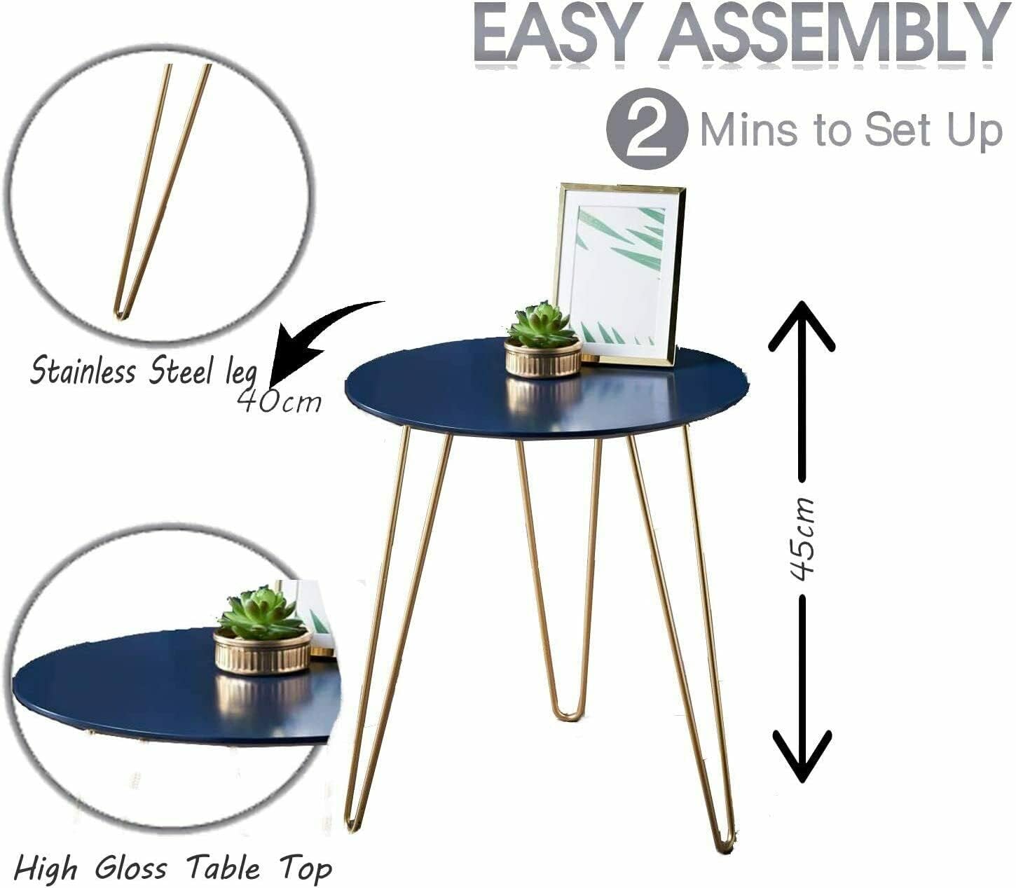 AAMEN Elegant Round Coffee Table, Navy Blue & Unique Style Gold Finish Metal Legs