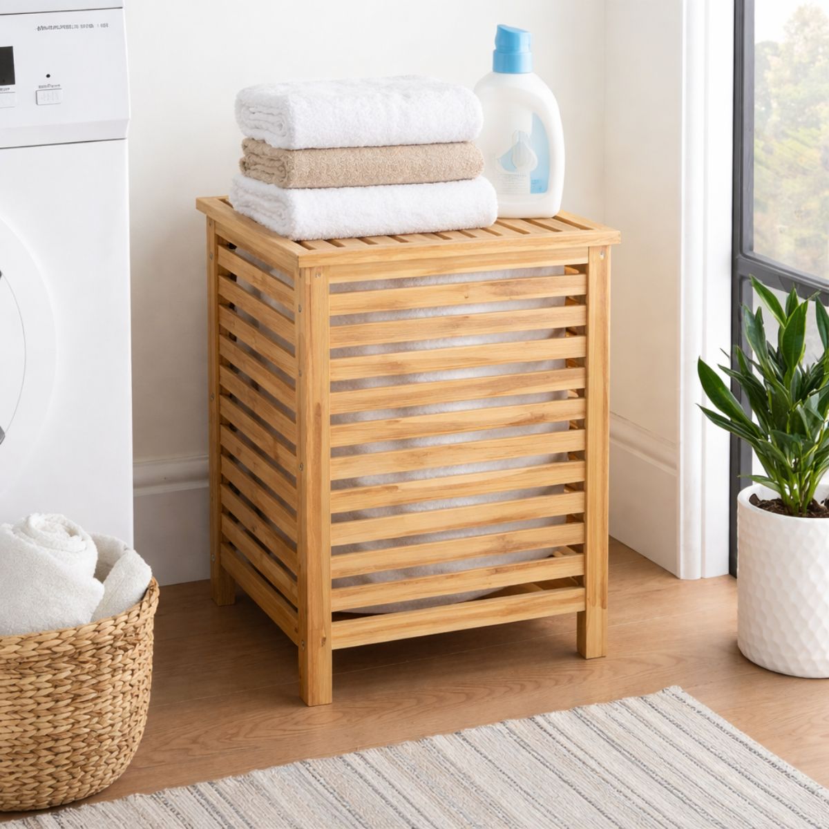 Large Bamboo Laundry Basket with Removable Liner Bag