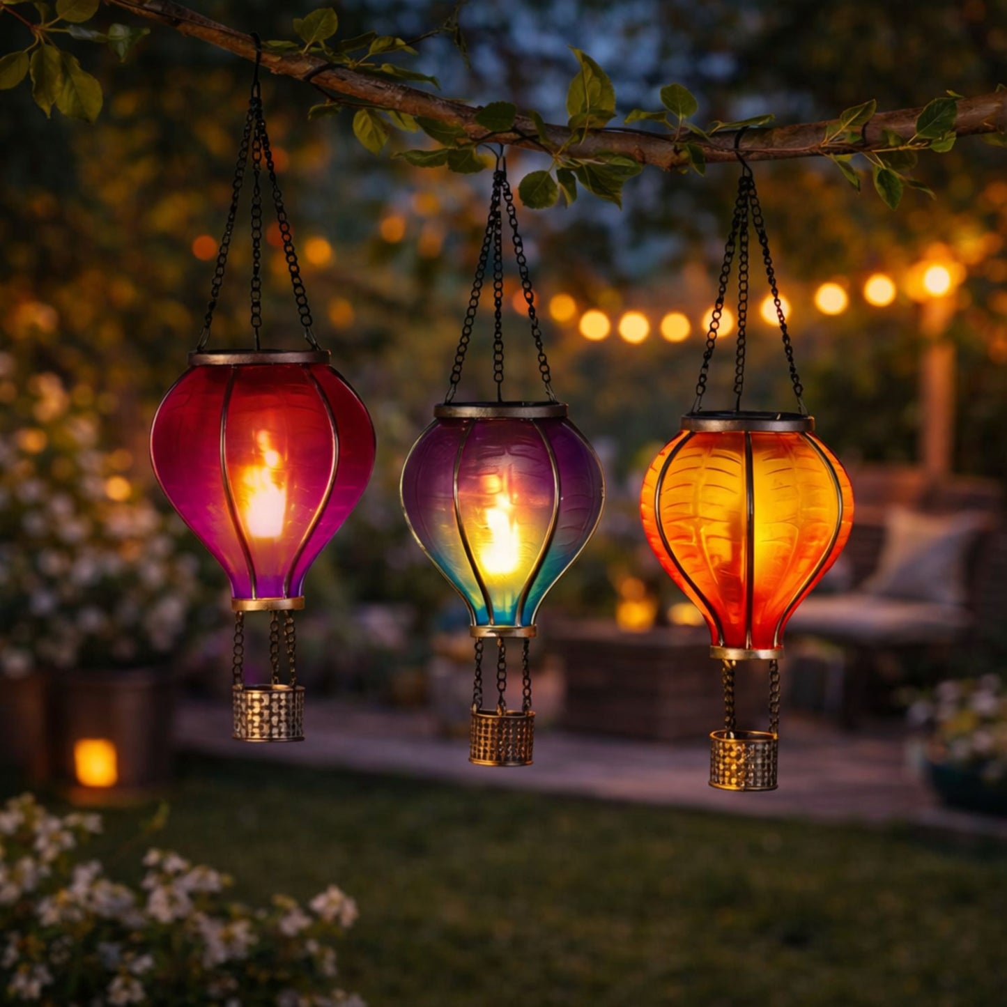 3 Pack Multi-Coloured Hot Air Balloon Solar Garden Lights – Hanging Outdoor Flame LED Lanterns