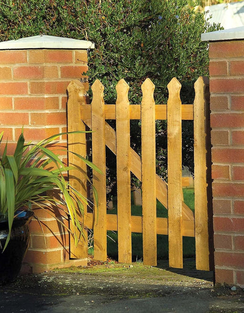 Load image into Gallery viewer, 3x3ft Wooden Garden Gate, Picket Garden Wood Timber Gate, Round Top Picket Garden Gate, Decorative Garden Wicket Gate, Outdoor Wooden Stair Gate, Golden Brown Swing Gates-(90x4.5x87cm)

