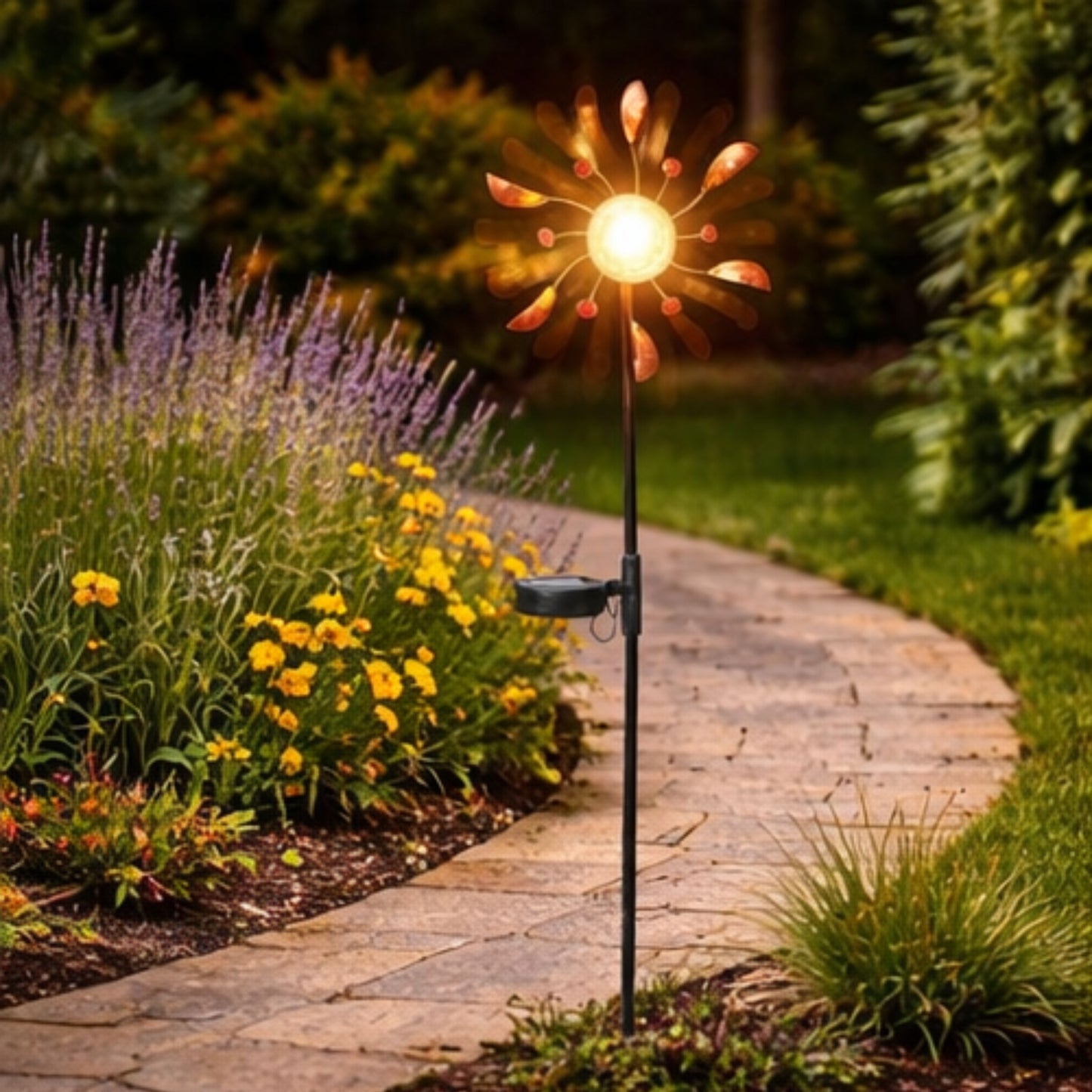 Solar Wind Spinner LED Light Display, Solar Powered Glass Ball LED Lighting Metal Garden Stake, Dual Direction Kinetic Movement for Patio Lawn and Garden Solar Wind Spinner