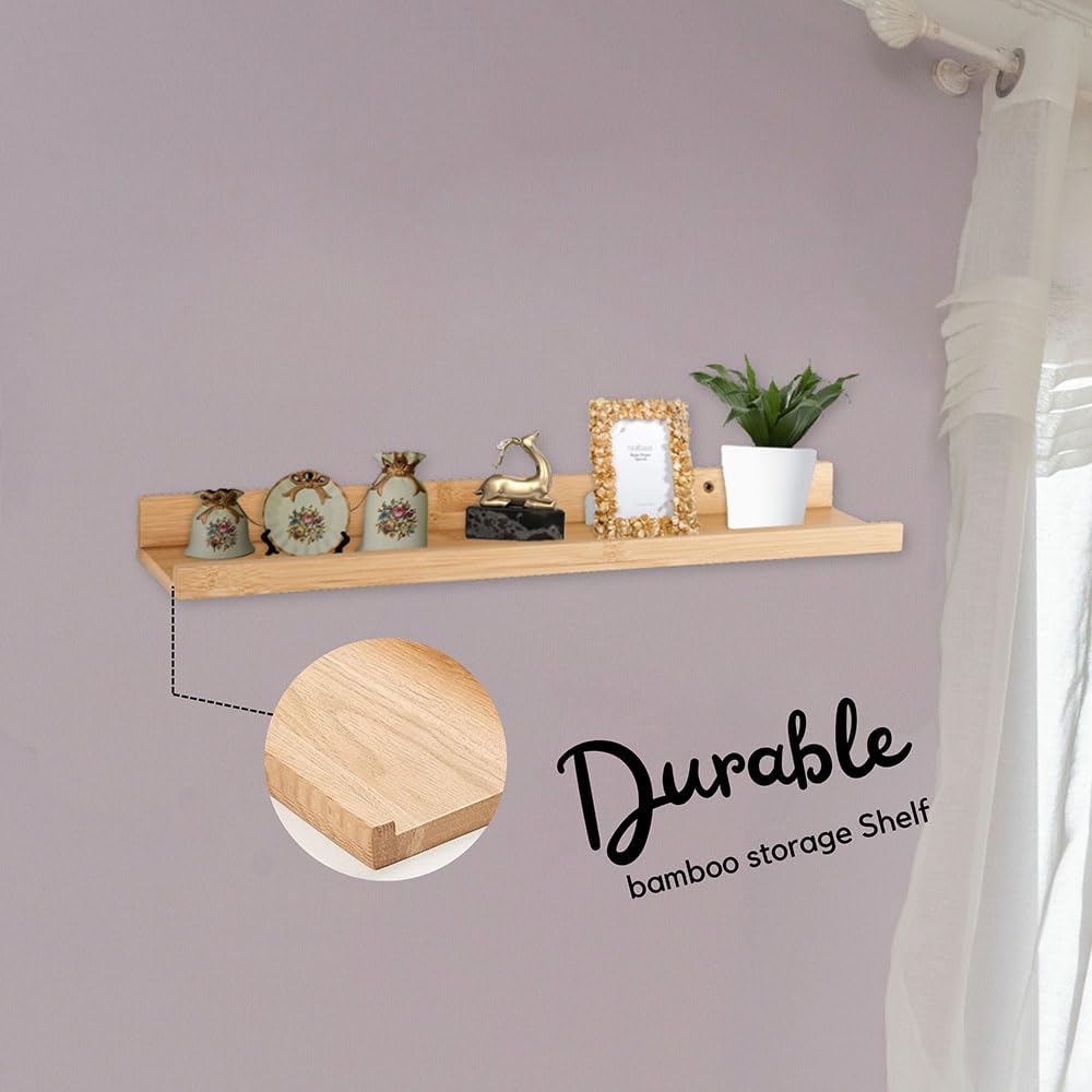 AAMEN Bamboo Picture Shelf 48cm, Wall Mounted Display Shelf, Picture Shelf Ledge, Wall Bookshelf For Bedroom Kitchen Office Home Décor