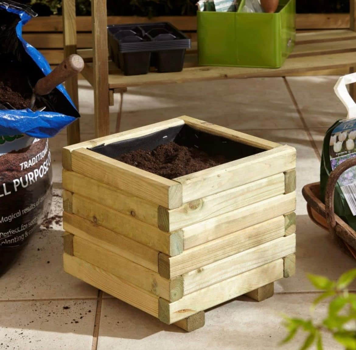 AAMEN Square Wooden Planter Box – Natural Timber Finish, Durable Hardwood for Outdoor Gardens & Patios
