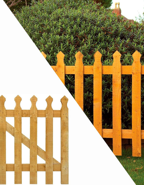 Load image into Gallery viewer, 3x3ft Wooden Garden Gate, Picket Garden Wood Timber Gate, Round Top Picket Garden Gate, Decorative Garden Wicket Gate, Outdoor Wooden Stair Gate, Golden Brown Swing Gates-(90x4.5x87cm)
