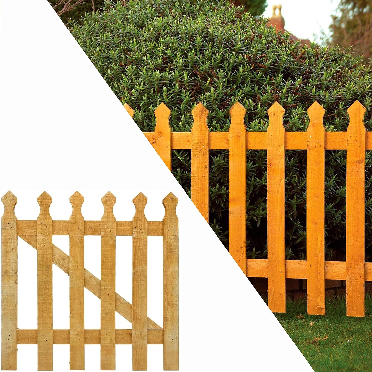 3x3ft Wooden Garden Gate, Picket Garden Wood Timber Gate, Round Top Picket Garden Gate, Decorative Garden Wicket Gate, Outdoor Wooden Stair Gate, Golden Brown Swing Gates-(90x4.5x87cm)