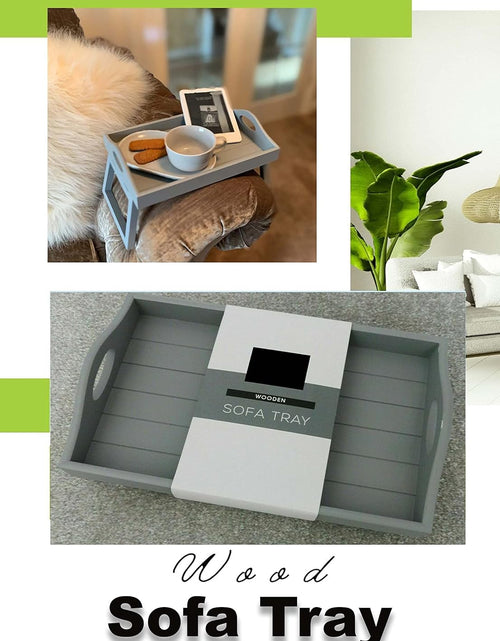 Load image into Gallery viewer, AAMEN Foldable Wooden Sofa Arm Tray – Clip-On Table for Coffee, Snacks &amp; Remotes – Grey, No-Assembly, Eco-Friendly (W20 x L30 x H18.5cm)
