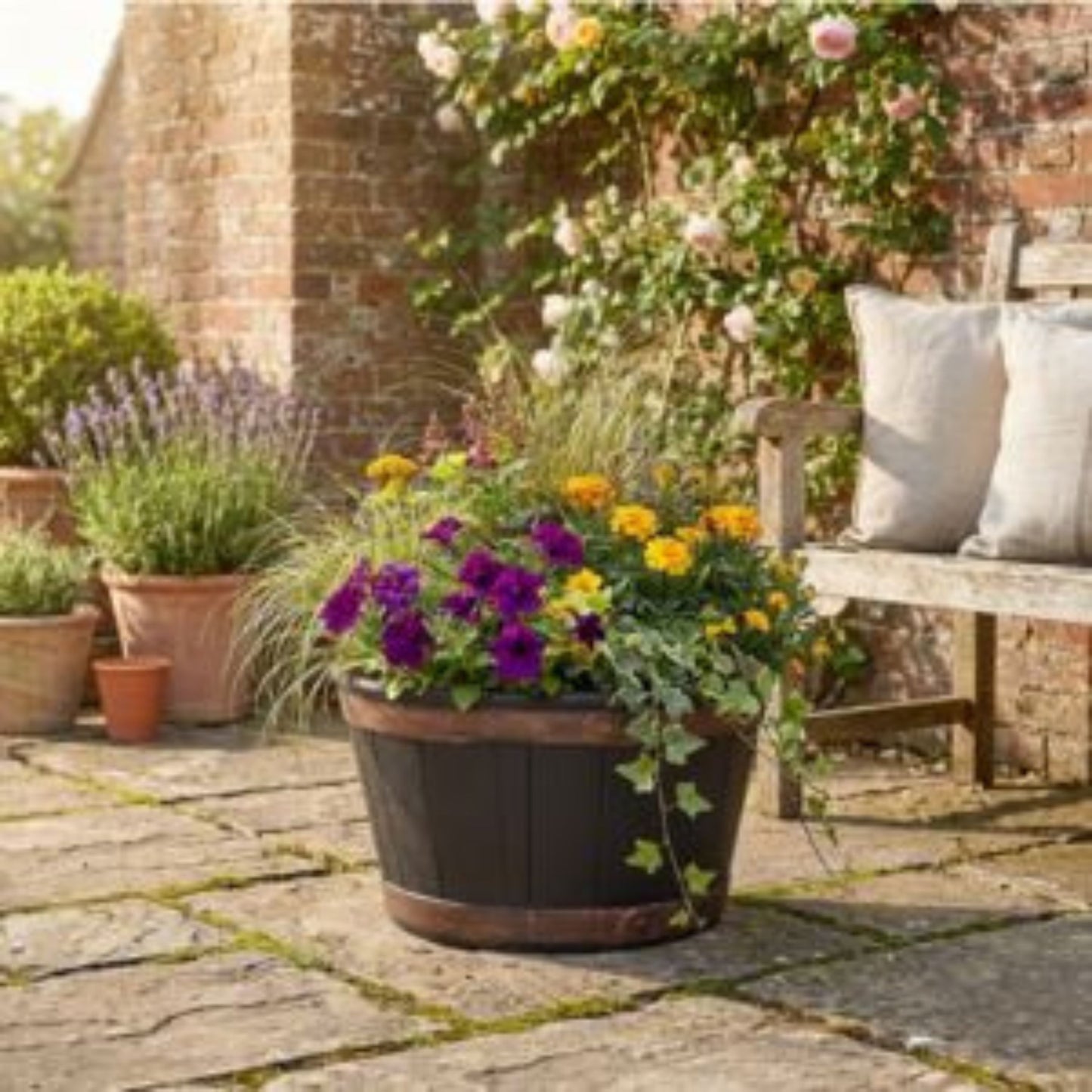 Large Oakwood Barrel Planter – Durable Outdoor & Garden Plant Pot