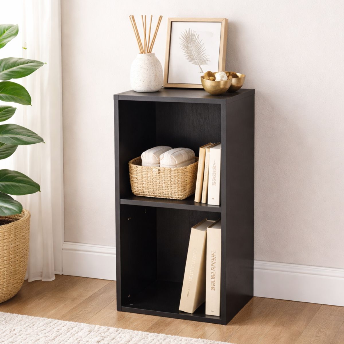 2 Tier Black Cube Storage Unit - Wooden Bookcase Shelf