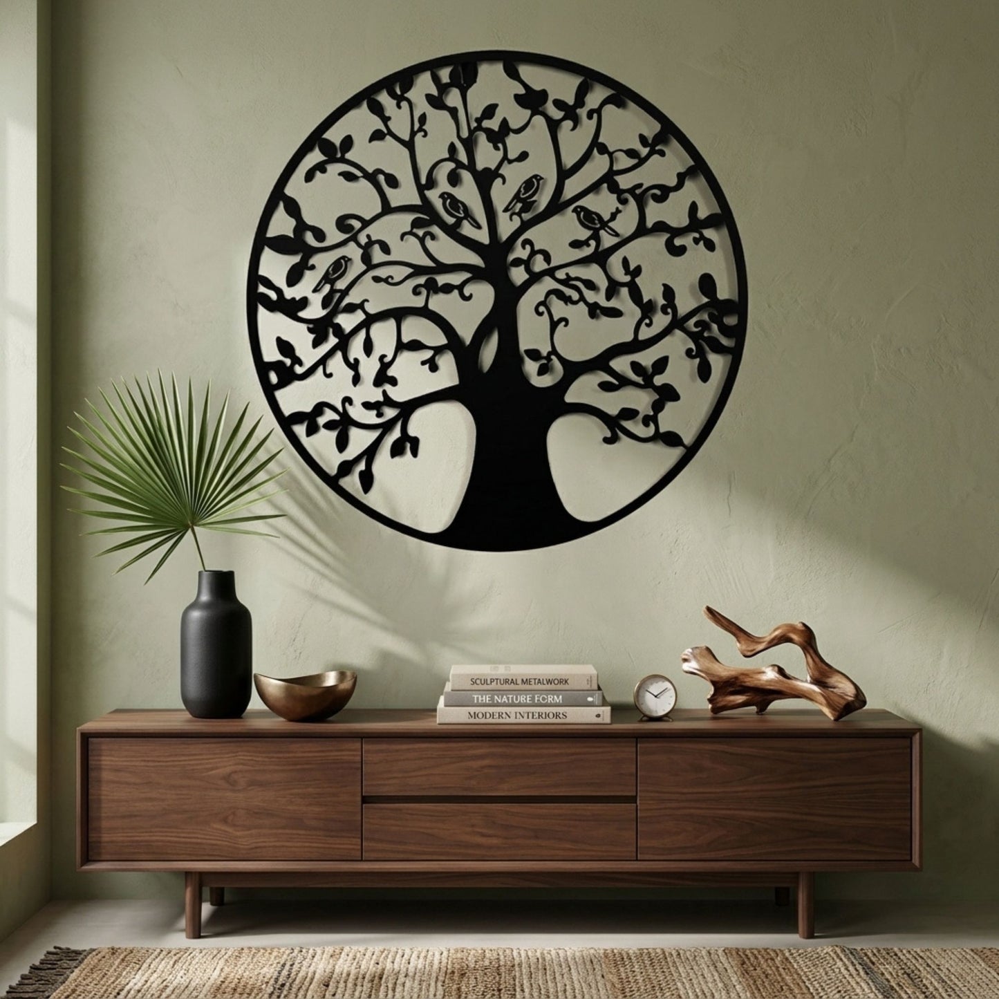 Black Metal Wall Art Tree Bird Design Fence Plaque 45cm