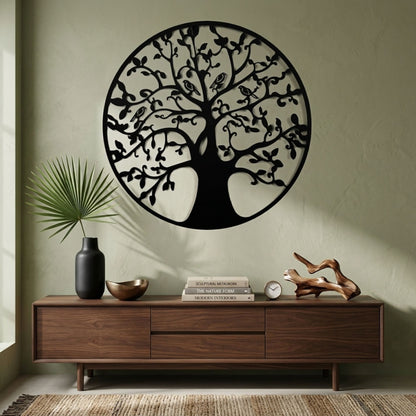 Black Metal Wall Art Tree Bird Design Fence Plaque 45cm