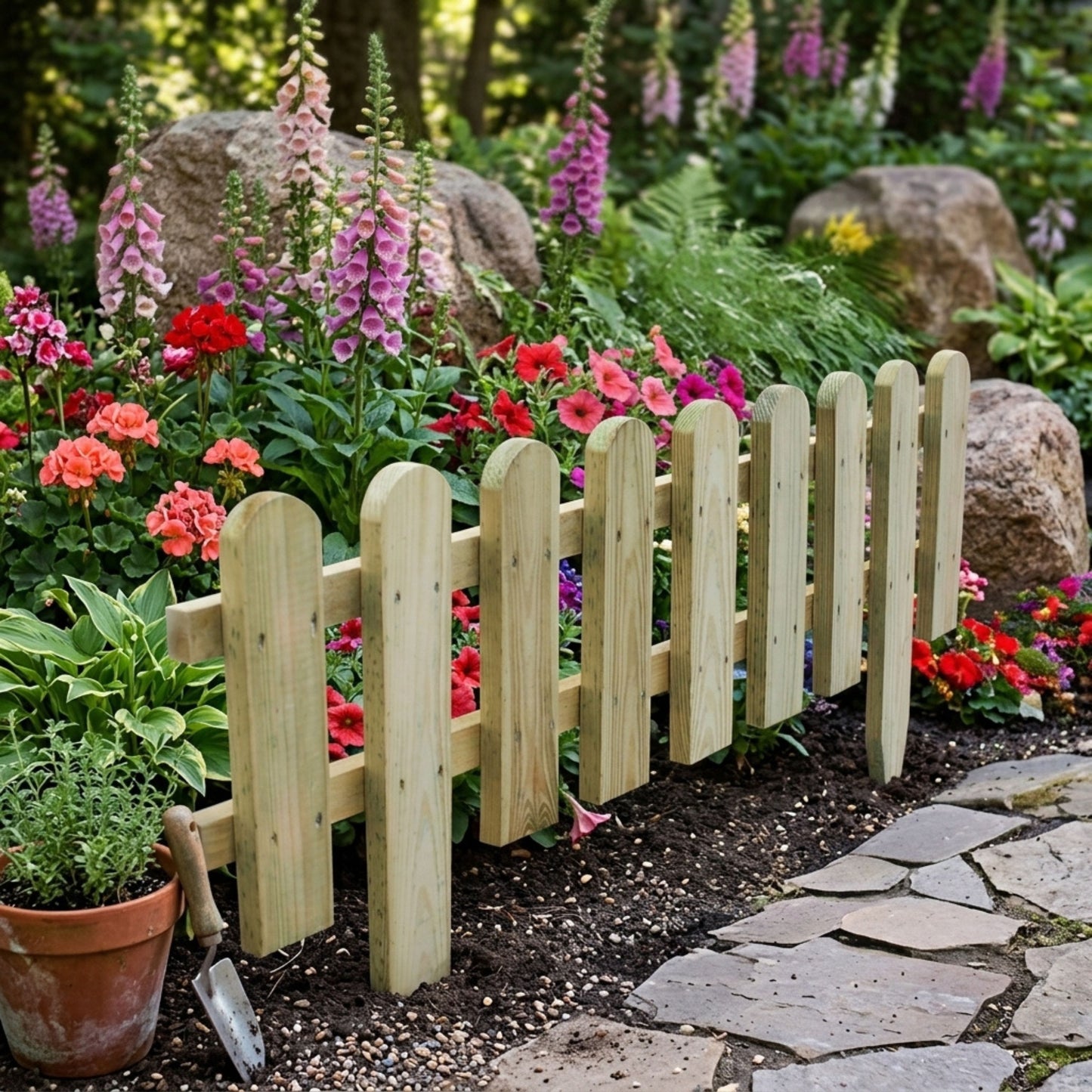 Natural Wooden Picket Fence Panel with Ground Spikes - 40 x 99cm