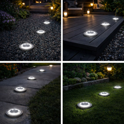 Solar Path & Deck Lights 4 Pack – Round Waterproof Outdoor Decking Lights with Bright White LED
