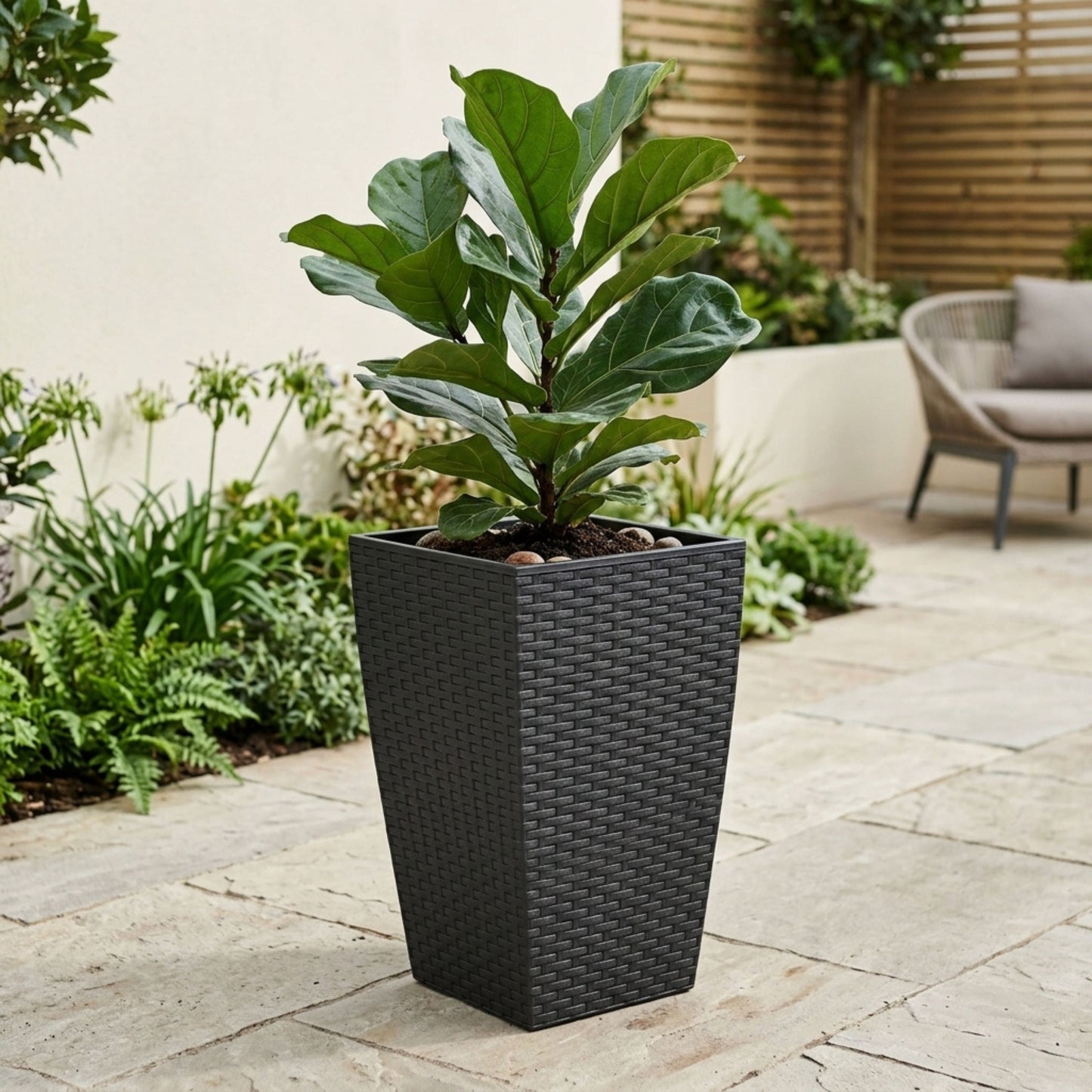 Tall Square Black Rattan Planter - 45cm Indoor/Outdoor Garden Pot