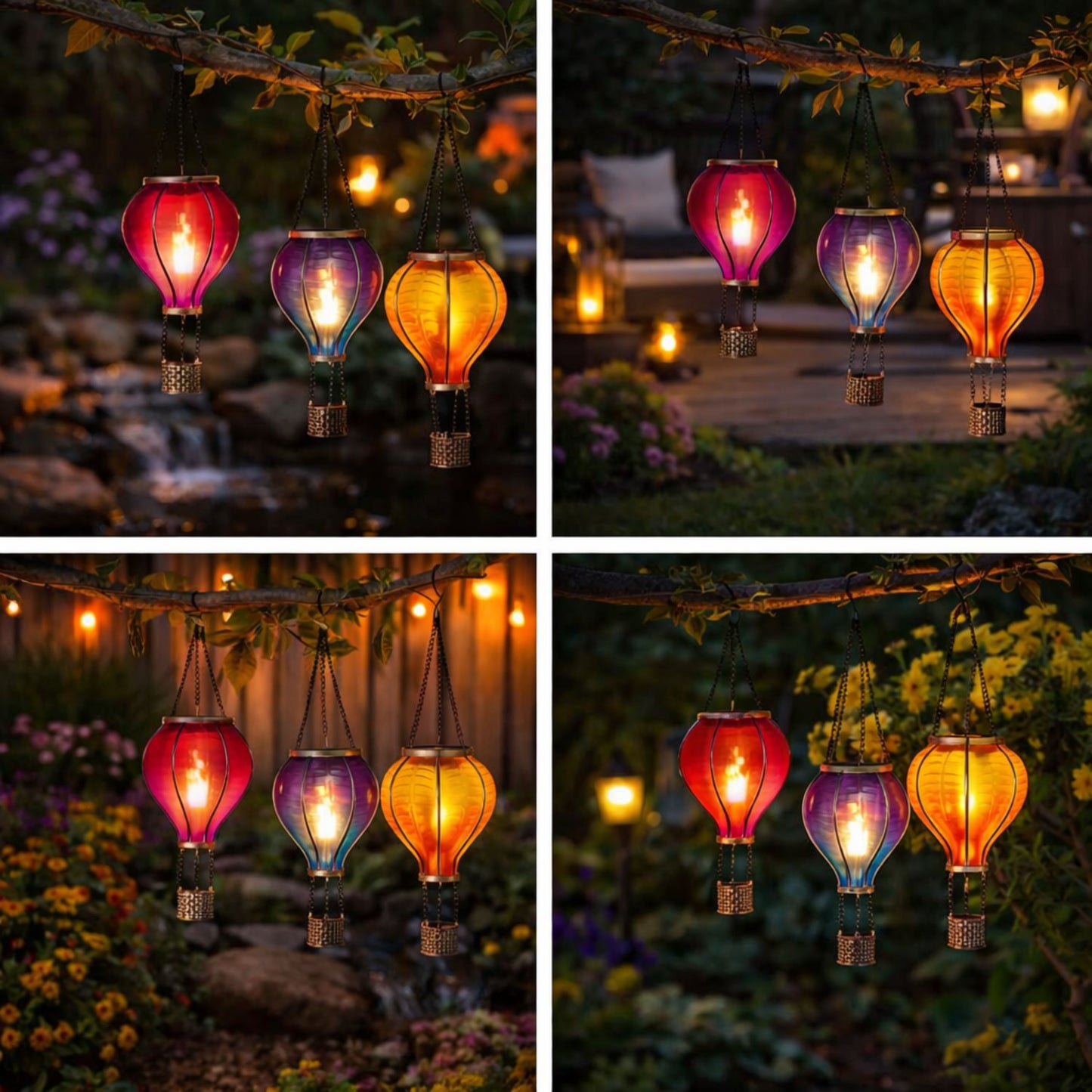 3 Pack Multi-Coloured Hot Air Balloon Solar Garden Lights – Hanging Outdoor Flame LED Lanterns