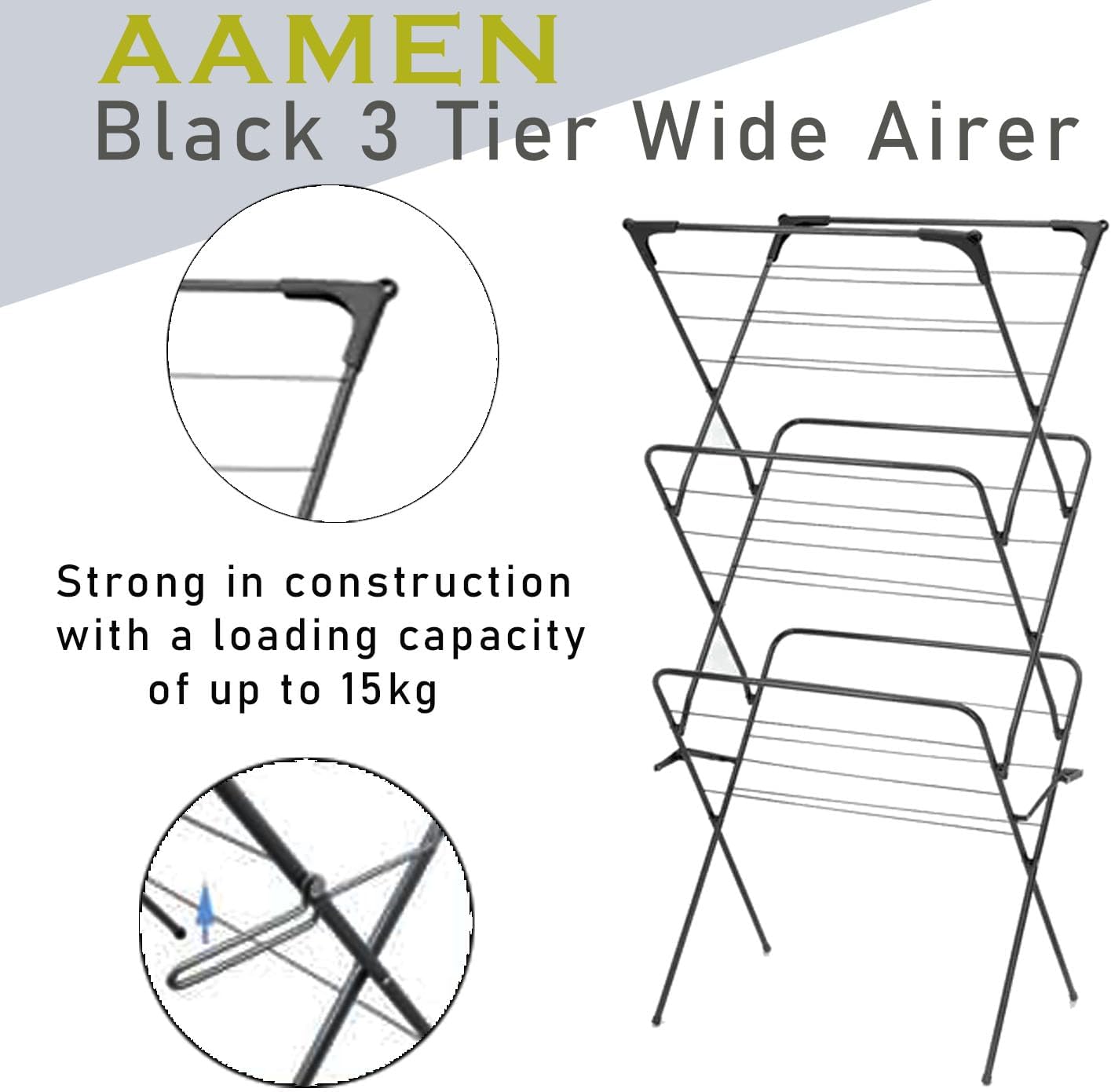 AAMEN 3 Tier Foldable Clothes Airer, Clothes Drying Rack with 14m of Drying Space, Indoor and Outdoor Laundry Drying Rack, Non-Slip Feet