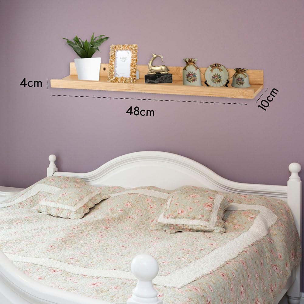 AAMEN Bamboo Picture Shelf 48cm, Wall Mounted Display Shelf, Picture Shelf Ledge, Wall Bookshelf For Bedroom Kitchen Office Home Décor