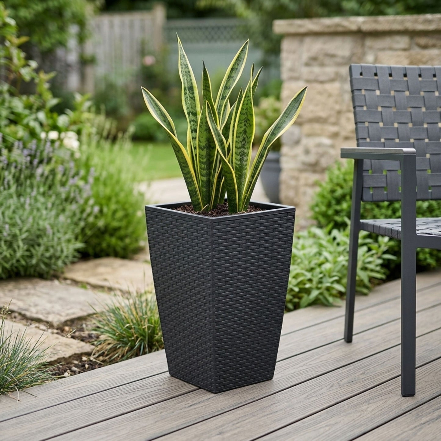 Tall Square Black Rattan Planter - 45cm Indoor/Outdoor Garden Pot