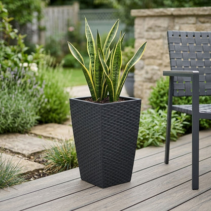 Tall Square Black Rattan Planter - 45cm Indoor/Outdoor Garden Pot