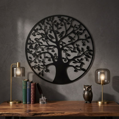Black Metal Wall Art Tree Bird Design Fence Plaque 45cm