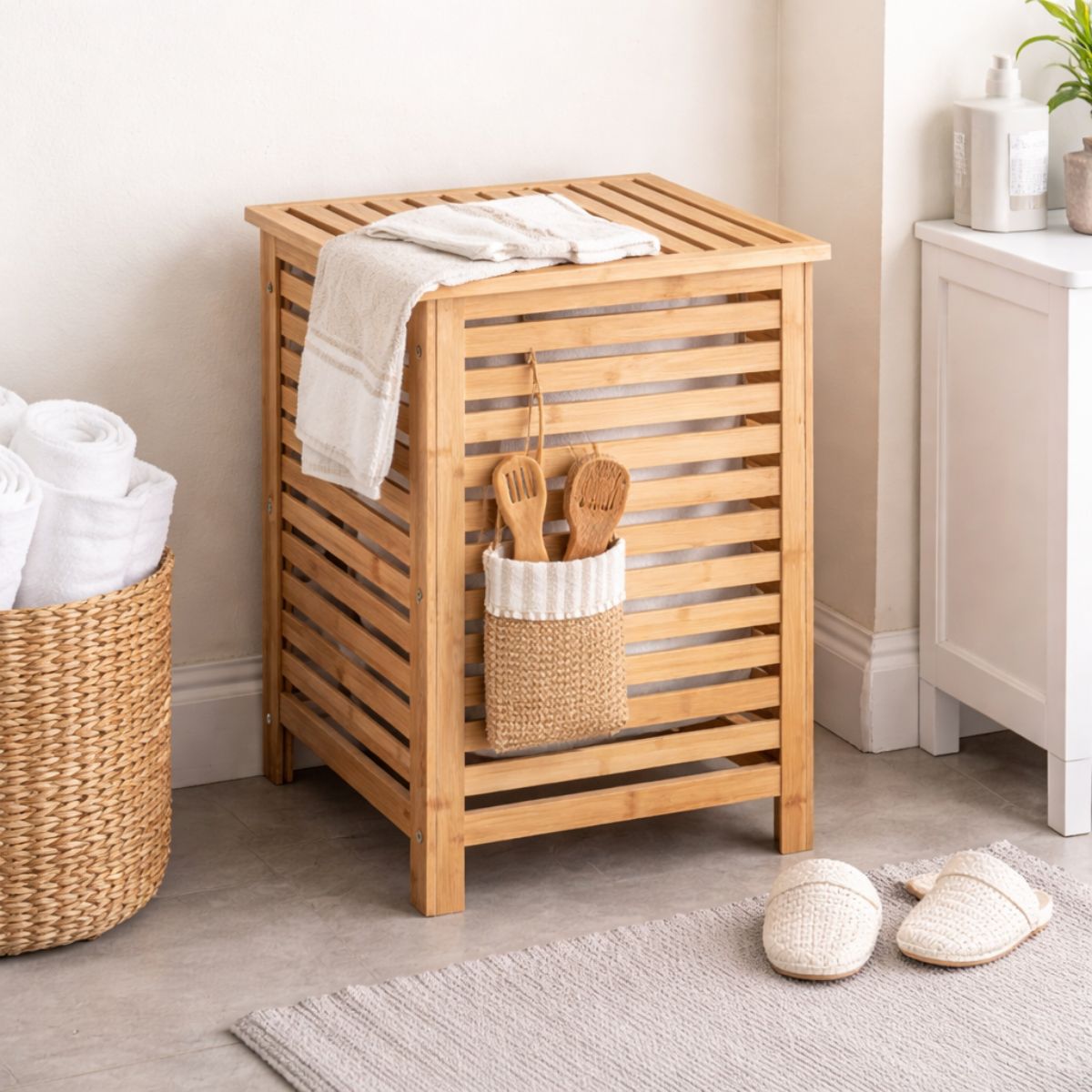 Large Bamboo Laundry Basket with Removable Liner Bag