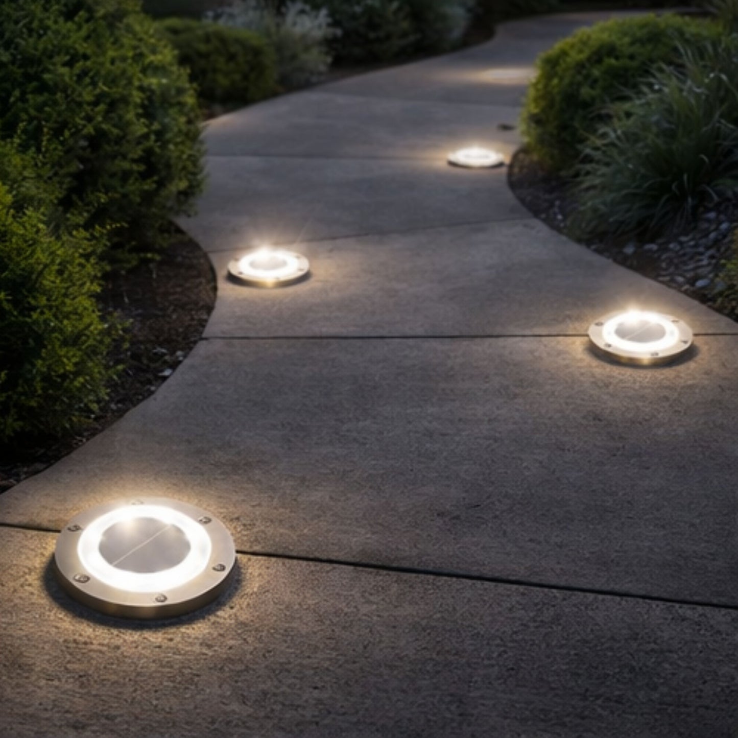 Solar Path & Deck Lights 4 Pack – Round Waterproof Outdoor Decking Lights with Bright White LED