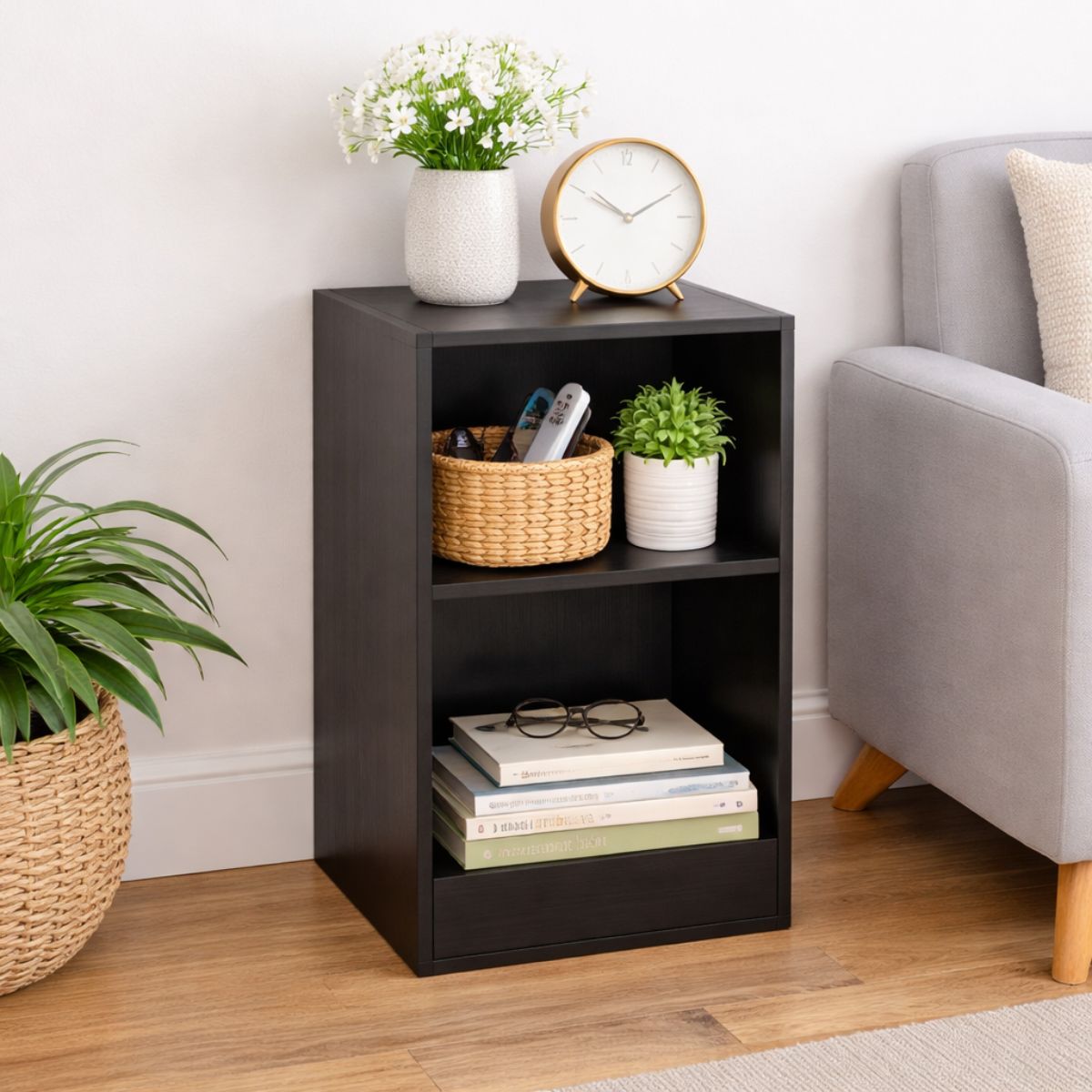 2 Tier Black Cube Storage Unit - Wooden Bookcase Shelf