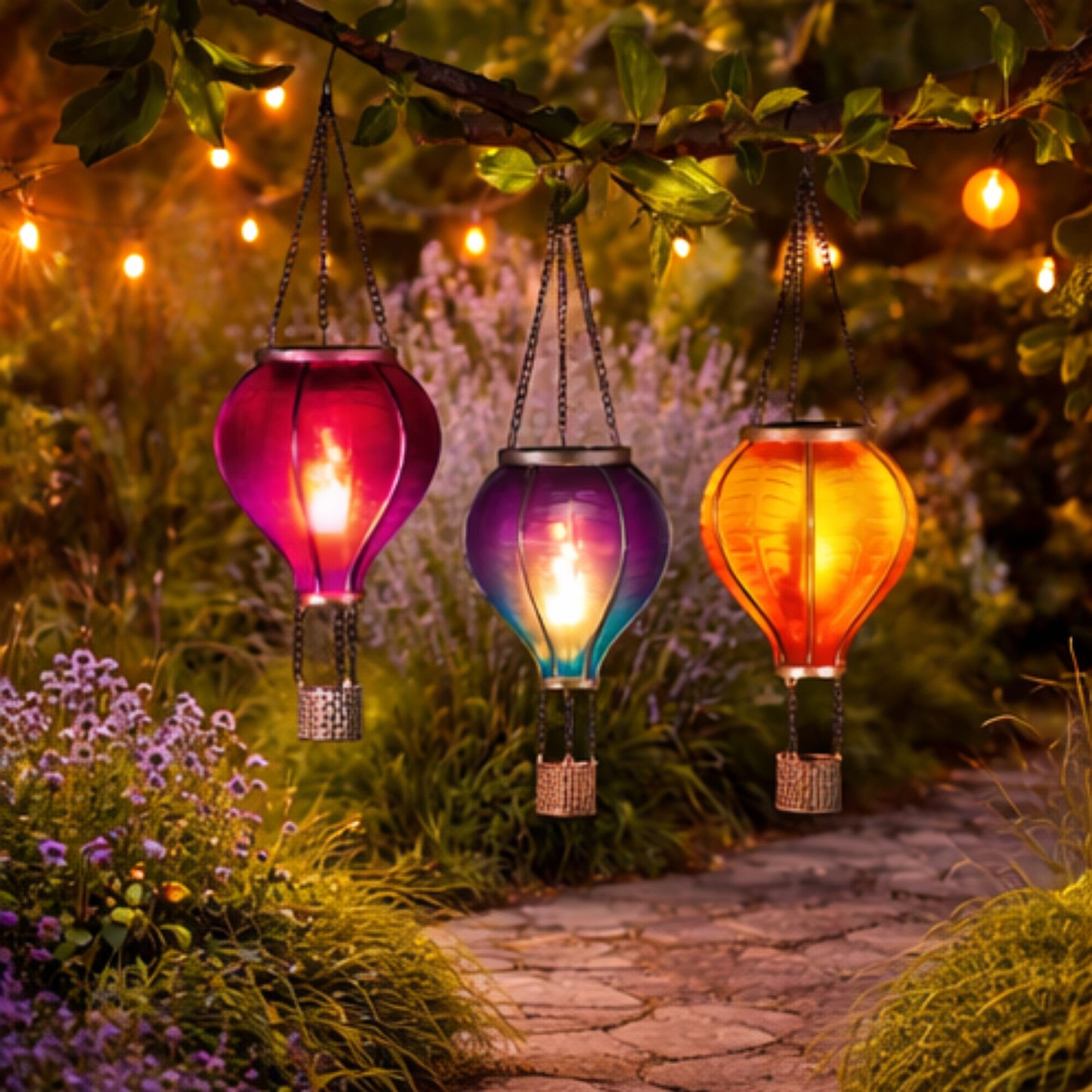 3 Pack Multi-Coloured Hot Air Balloon Solar Garden Lights – Hanging Outdoor Flame LED Lanterns