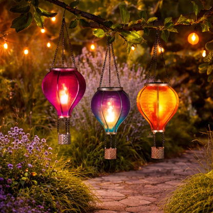 3 Pack Multi-Coloured Hot Air Balloon Solar Garden Lights – Hanging Outdoor Flame LED Lanterns