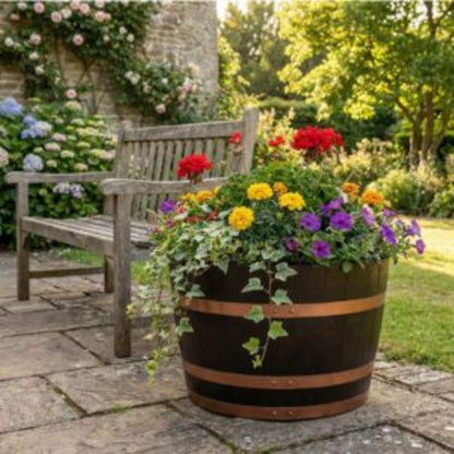 Large Oakwood Barrel Planter – Durable Outdoor & Garden Plant Pot