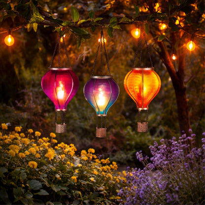 3 Pack Multi-Coloured Hot Air Balloon Solar Garden Lights – Hanging Outdoor Flame LED Lanterns