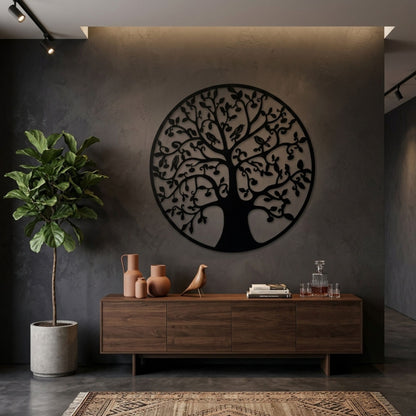Black Metal Wall Art Tree Bird Design Fence Plaque 45cm