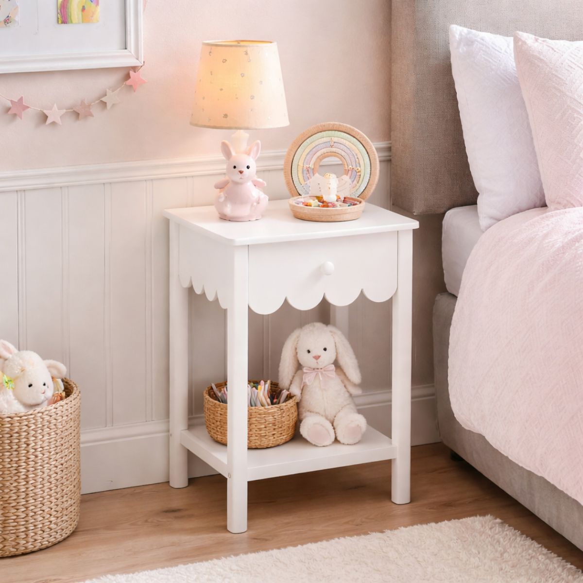 Kids White Bedside Table - Small Wooden Bedroom Furniture Unit