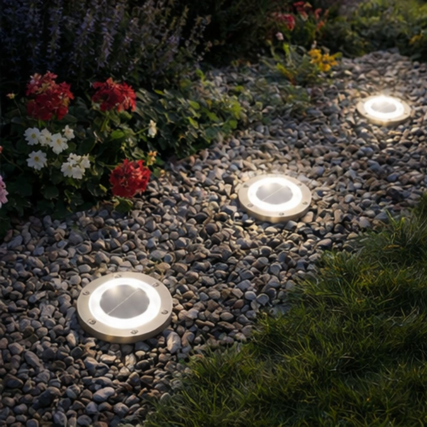 Solar Path & Deck Lights 4 Pack – Round Waterproof Outdoor Decking Lights with Bright White LED