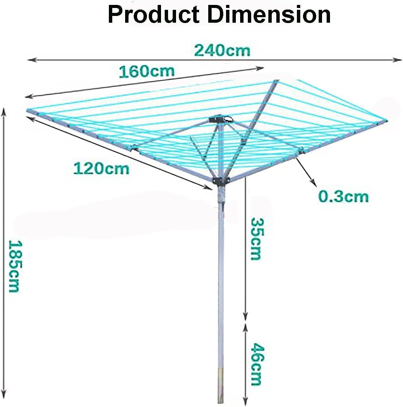 AAMEN 60M Rotary Clothes Airer - 4 Arm Outdoor Washing Line with Metal Spike & Cover (Silver & Grey)