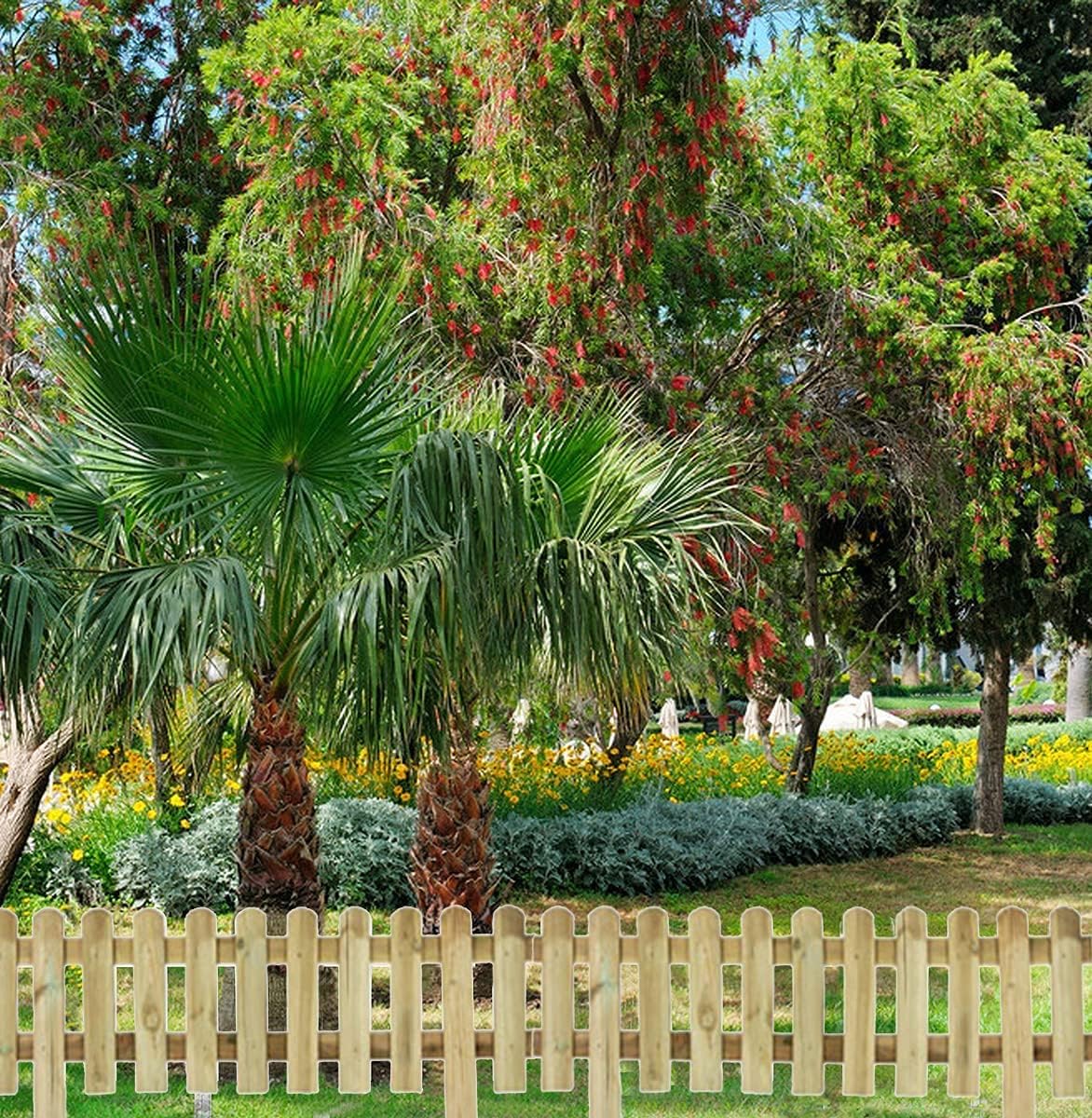 AAMEN 4-Pcs Wooden Picket Fence Panels – Freestanding Decorative Garden Border, Natural Wood Lawn Edging (120 x 3 x 30cm Approx.)