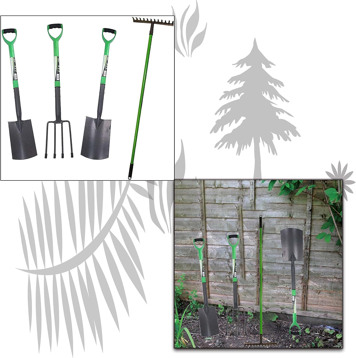 AAMEN 4-Piece Garden Tools Set – Heavy Duty Border Spade, Digging Spade, Fork & Rake – Ergonomic Gardening Tool Kit with Comfort Grip – Lightweight, Rust-Resistant