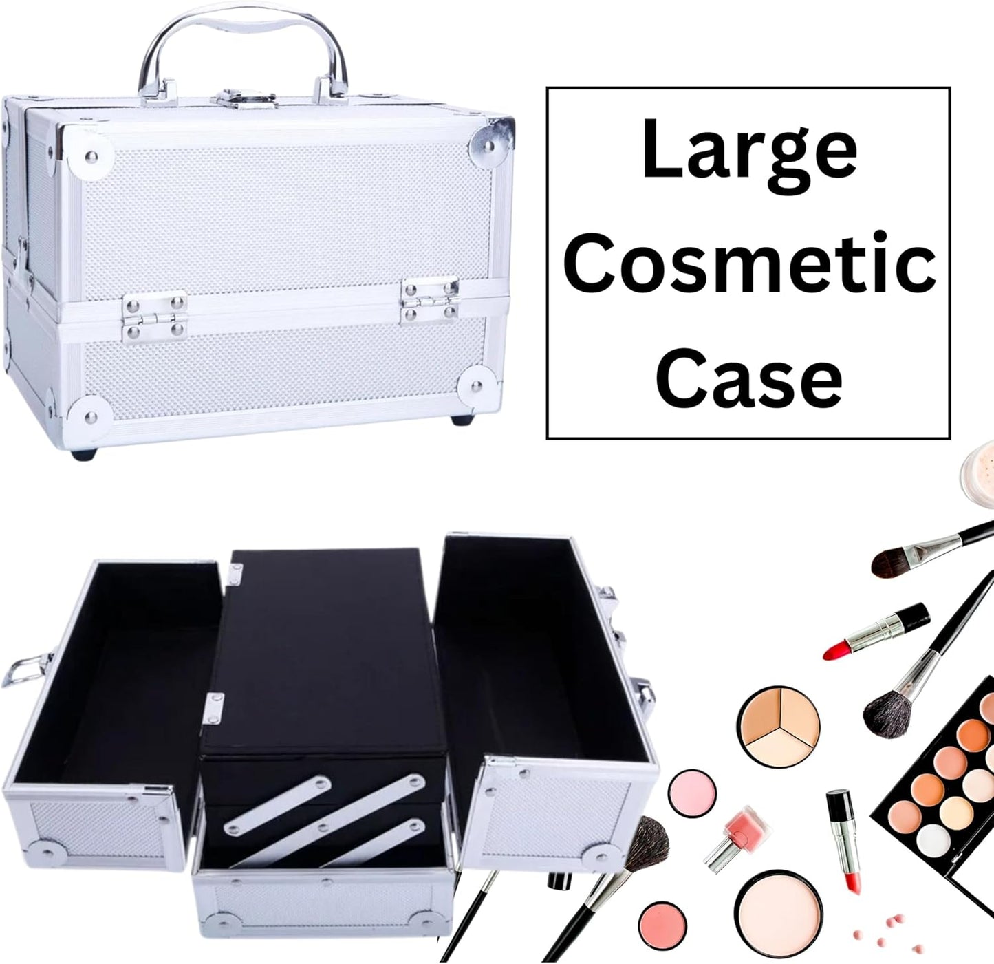 AAMEN Large Silver Aluminium Makeup Case – Lockable Cosmetic & Jewellery Organizer, Multi-Use Storage Box