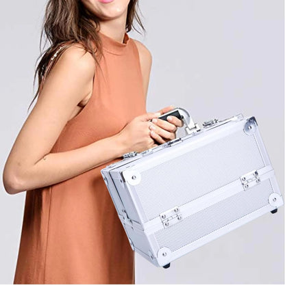 AAMEN Large Silver Aluminium Makeup Case – Lockable Cosmetic & Jewellery Organizer, Multi-Use Storage Box