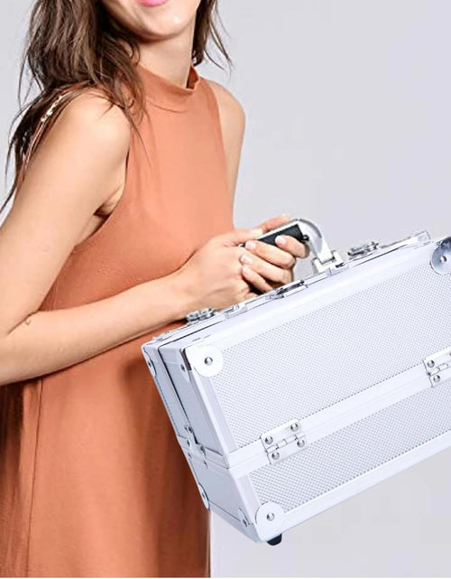 Load image into Gallery viewer, AAMEN Large Silver Aluminium Makeup Case – Lockable Cosmetic &amp; Jewellery Organizer, Multi-Use Storage Box
