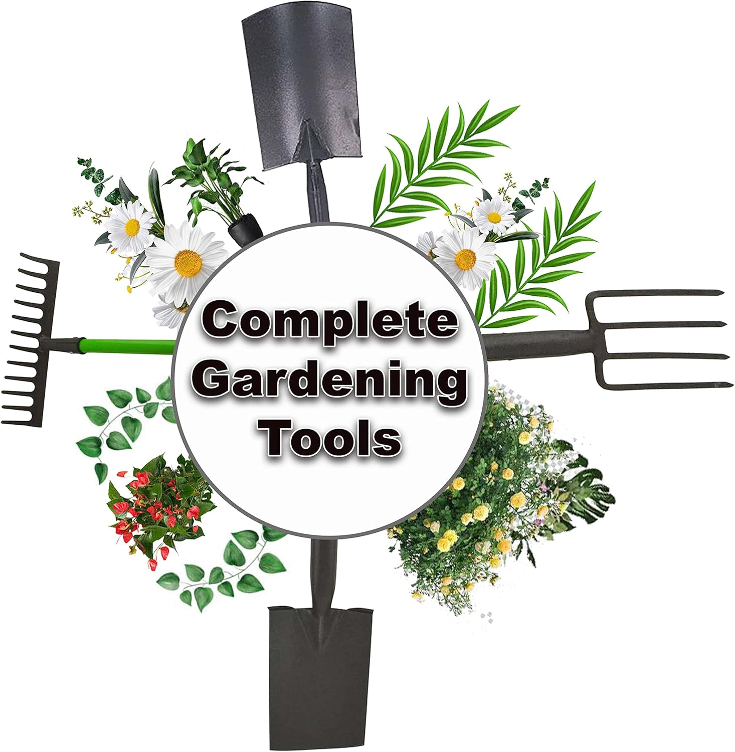 AAMEN 4-Piece Garden Tools Set – Heavy Duty Border Spade, Digging Spade, Fork & Rake – Ergonomic Gardening Tool Kit with Comfort Grip – Lightweight, Rust-Resistant
