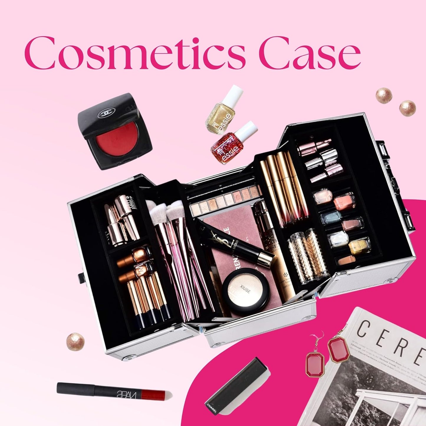 AAMEN Large Silver Aluminium Makeup Case – Lockable Cosmetic & Jewellery Organizer, Multi-Use Storage Box