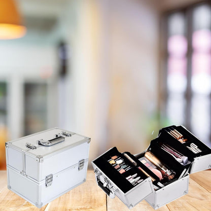 AAMEN Large Silver Aluminium Makeup Case – Lockable Cosmetic & Jewellery Organizer, Multi-Use Storage Box