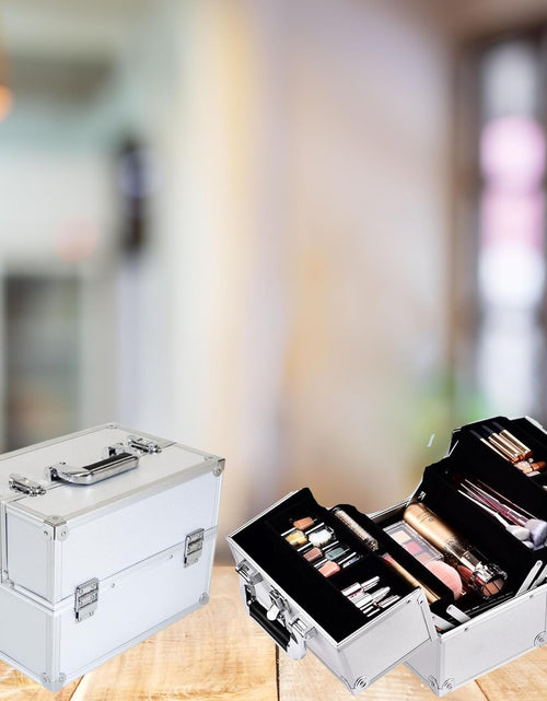 Load image into Gallery viewer, AAMEN Large Silver Aluminium Makeup Case – Lockable Cosmetic &amp; Jewellery Organizer, Multi-Use Storage Box
