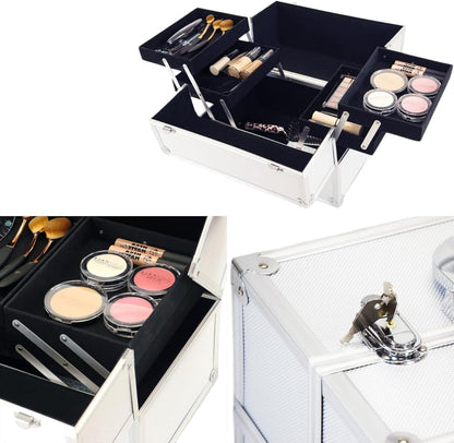 AAMEN Large Silver Aluminium Makeup Case – Lockable Cosmetic & Jewellery Organizer, Multi-Use Storage Box